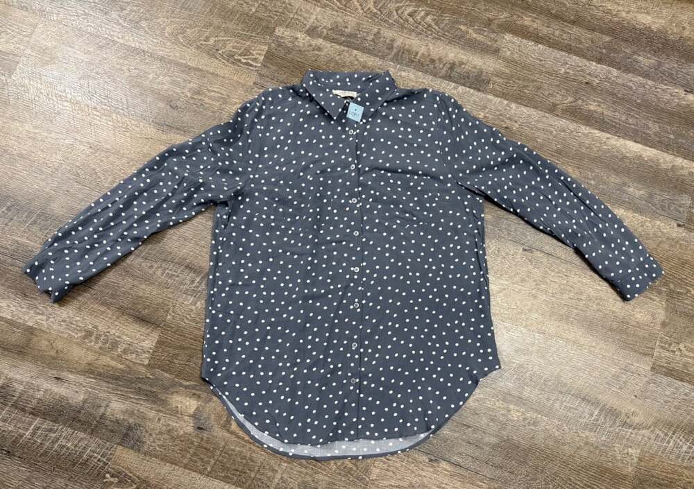 LOFT Gray Polka Dot Button Up Shirt Long Sleeve Relaxed Fit Top Size Large P NWT